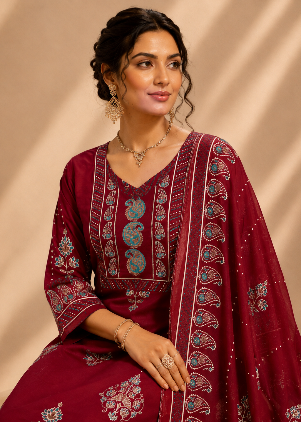 A woman wearing a deep maroon traditional Indian outfit with intricate paisley and floral embroidery in light blue, white, and gold, posed against a warm beige background with soft diagonal shadows.