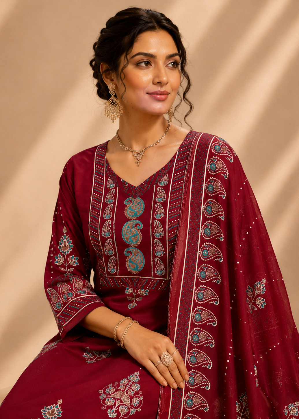 A woman wearing a deep maroon traditional Indian outfit with intricate paisley and floral embroidery in light blue, white, and gold, posed against a warm beige background with soft diagonal shadows.