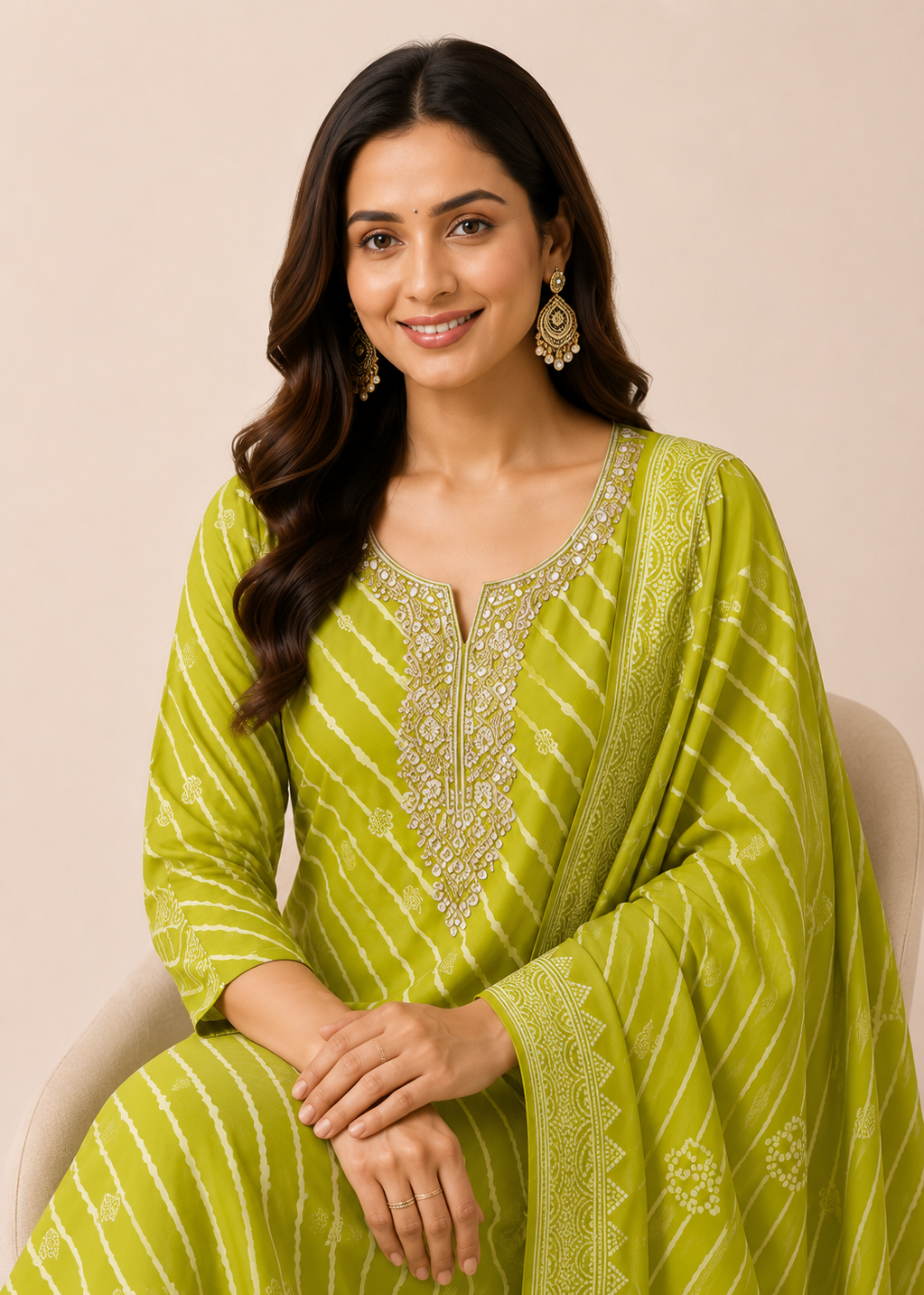 A woman wearing a lime green traditional outfit with white stripes and gold embroidery, seated against a plain beige background.