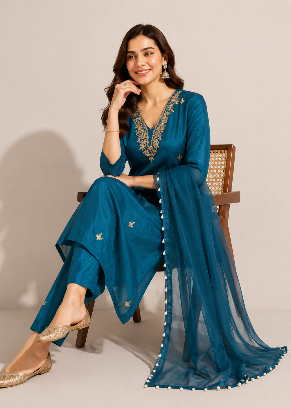 A woman seated on a wooden chair wearing a teal blue traditional outfit with gold embroidery, a matching sheer dupatta, and beige flat shoes against a plain beige studio background.