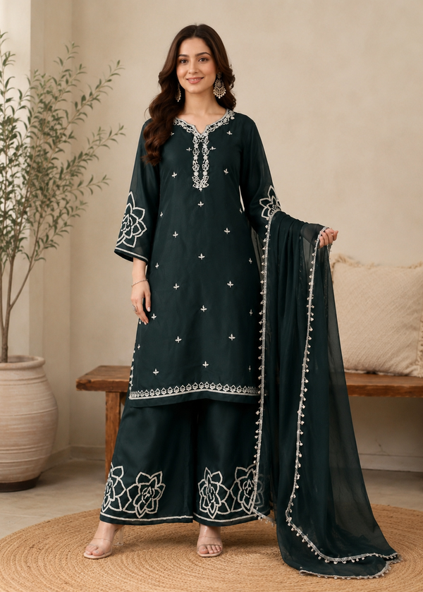 A woman models a dark teal green ethnic kurta set with white embroidery, featuring a long kurta, wide-leg pants, and a matching dupatta, set against a warm beige background with a bench and potted plant.