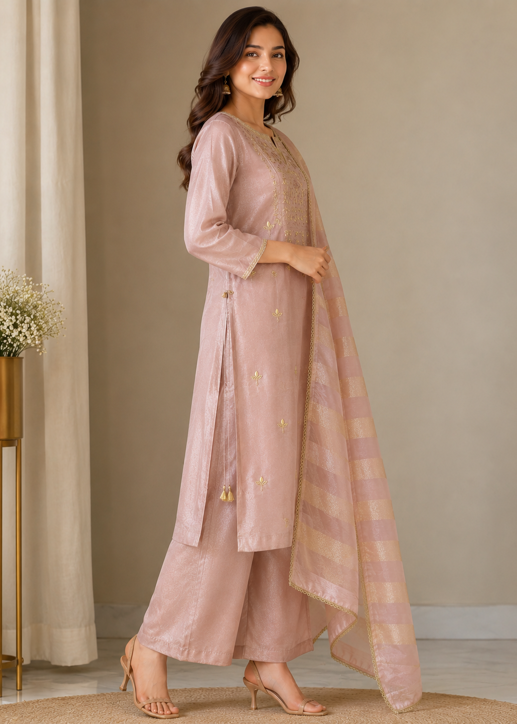 A woman models a three-piece dusty pink ethnic suit set consisting of a long kurta with gold embroidery, matching wide-leg trousers, and a striped dupatta, set against a neutral beige background.