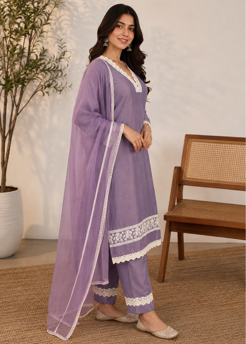 A woman models a lavender purple ethnic suit set with white lace trim, consisting of a kurta, pants, and a dupatta, in a styled indoor setting with a wooden chair and potted plant.