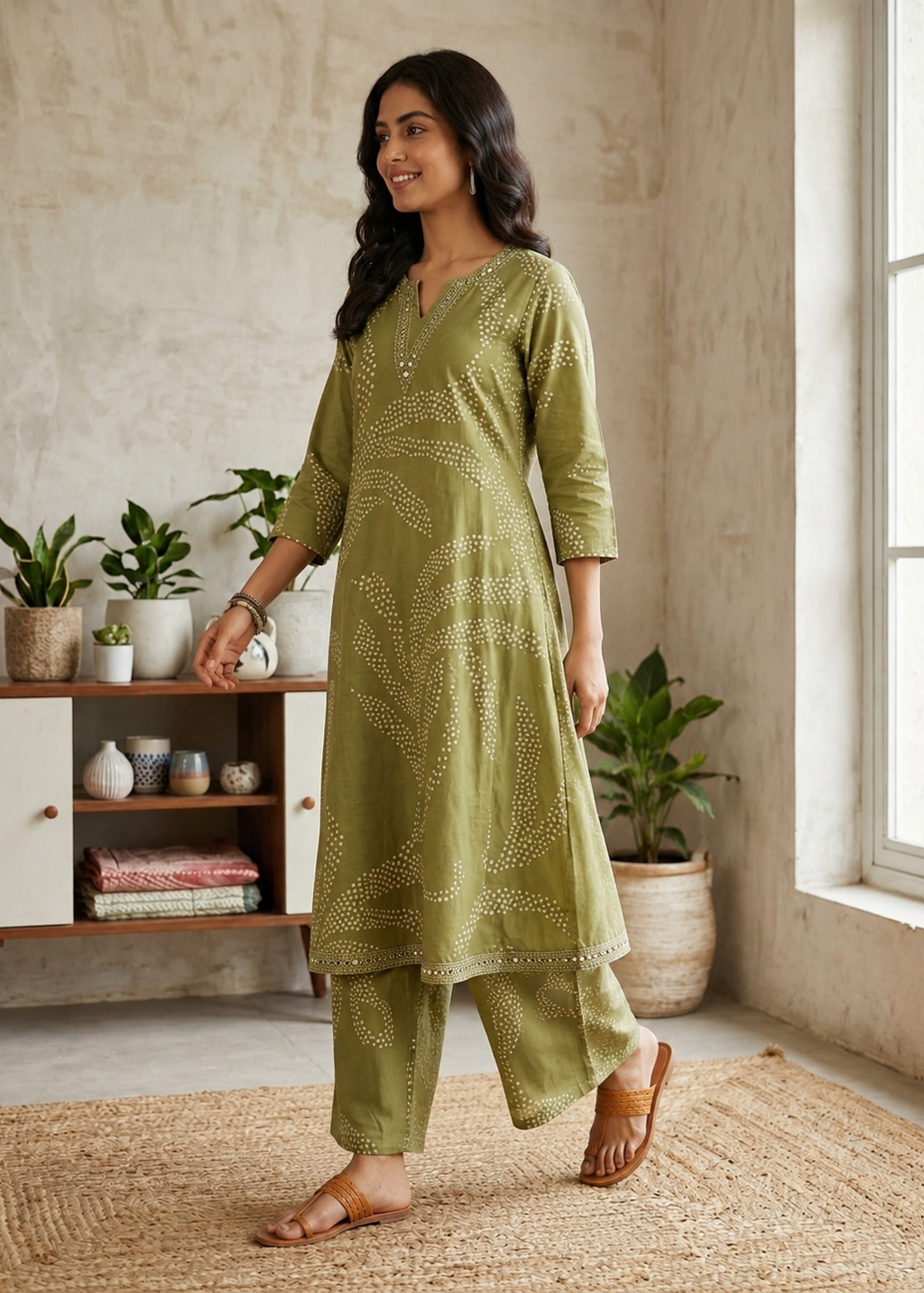 Olive Green Printed Kurta Palazzo Set for Women
