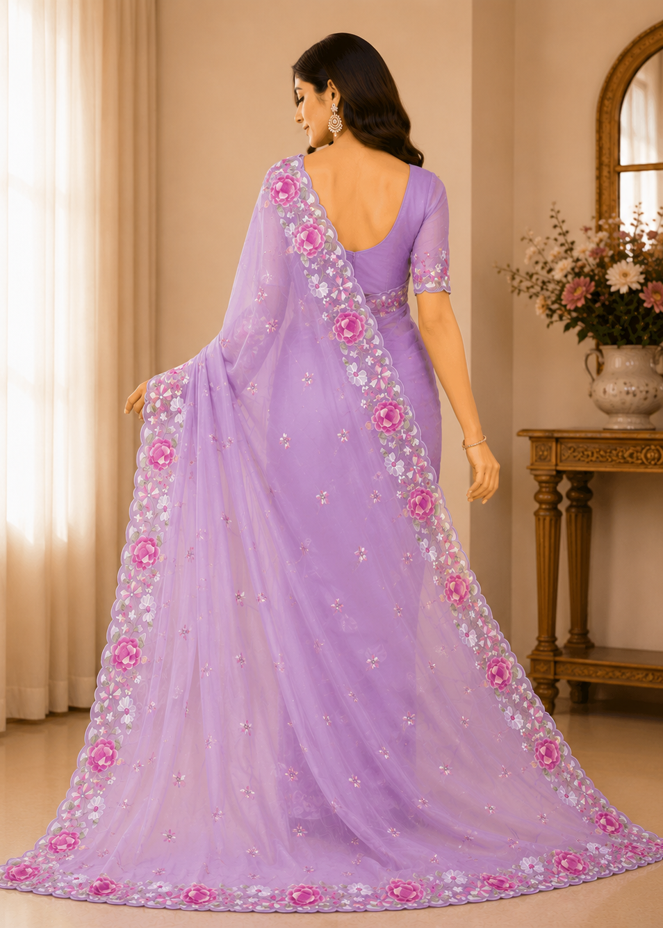 Elegant Beige Floral Embroidered Organza Saree With Scalloped Border
