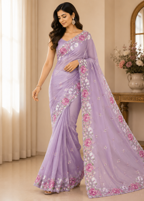 Woman wearing a lavender saree with floral patterns in a room.