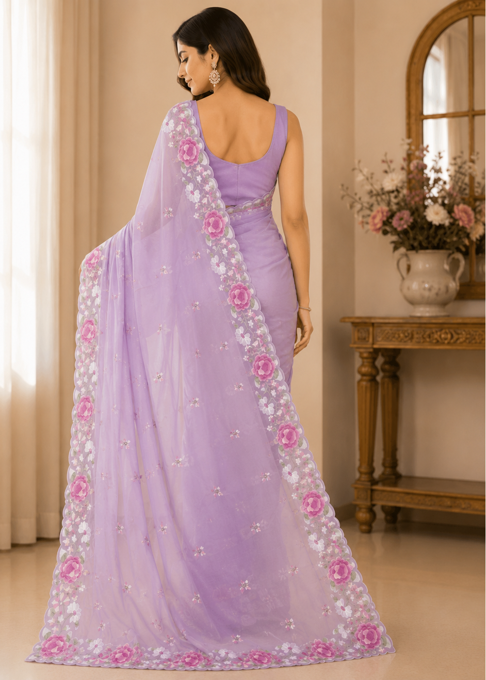 A woman wearing a lavender purple saree with pink floral embroidery and a matching embroidered border, shown from the back in an elegant indoor setting.