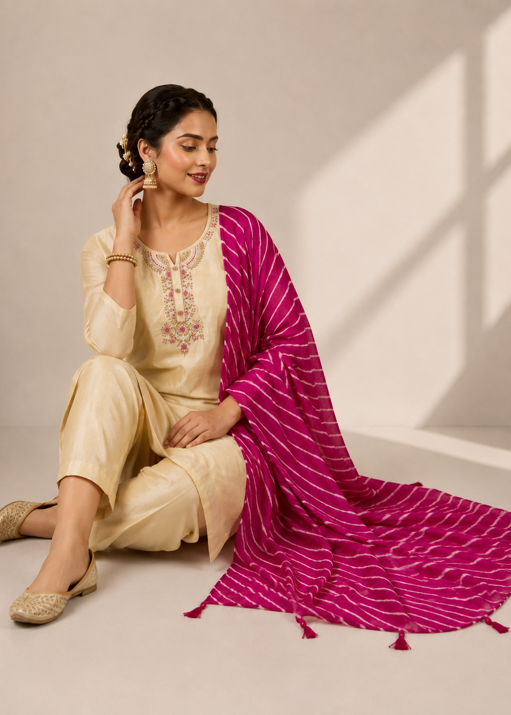 A woman models a traditional Indian salwar kameez suit in cream with pink and white striped tie-dye accents. The set includes a cream-colored tunic with floral embroidery, matching trousers, and a vibrant magenta dupatta with white stripes.