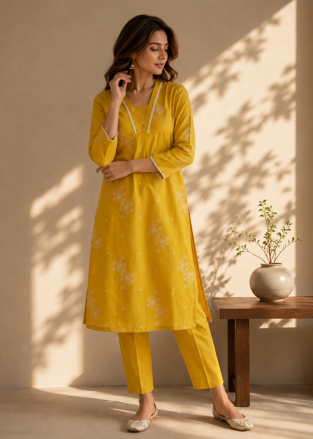Woman wearing a yellow kurta with white patterns in a warm-toned room.