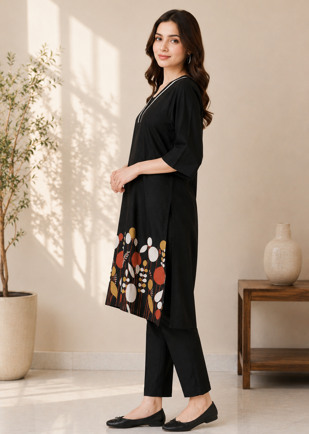 Woman wearing a black outfit with floral embroidery in a bright room.
