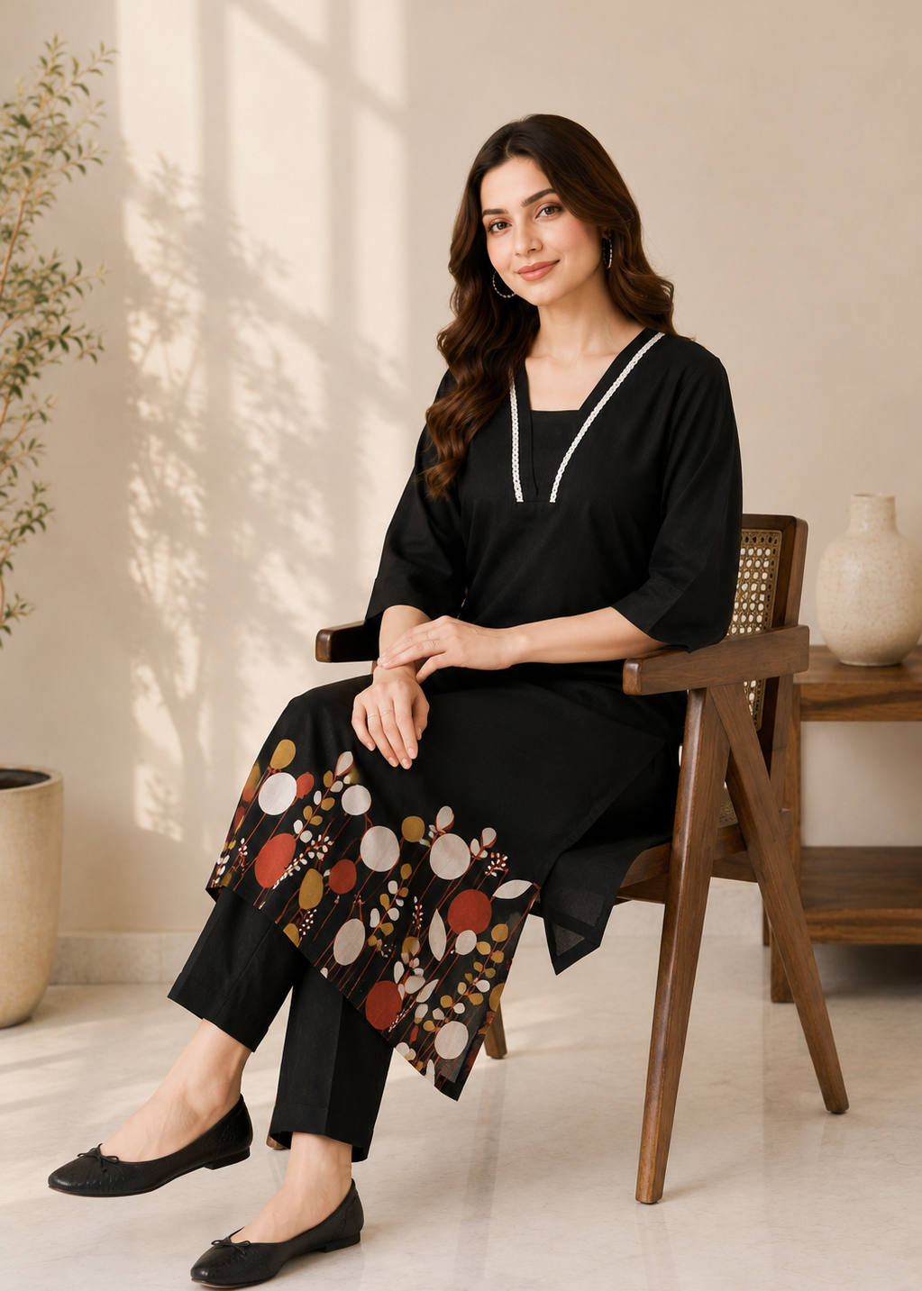 Woman sitting on a chair wearing a black outfit with a patterned scarf in a bright room.