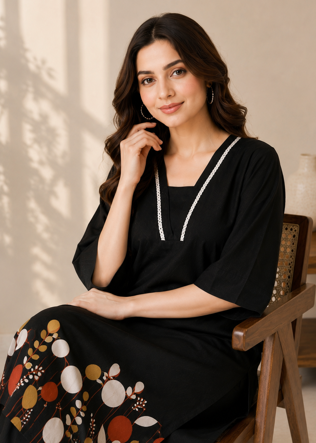 Woman wearing a black dress with floral patterns sitting on a wooden chair.