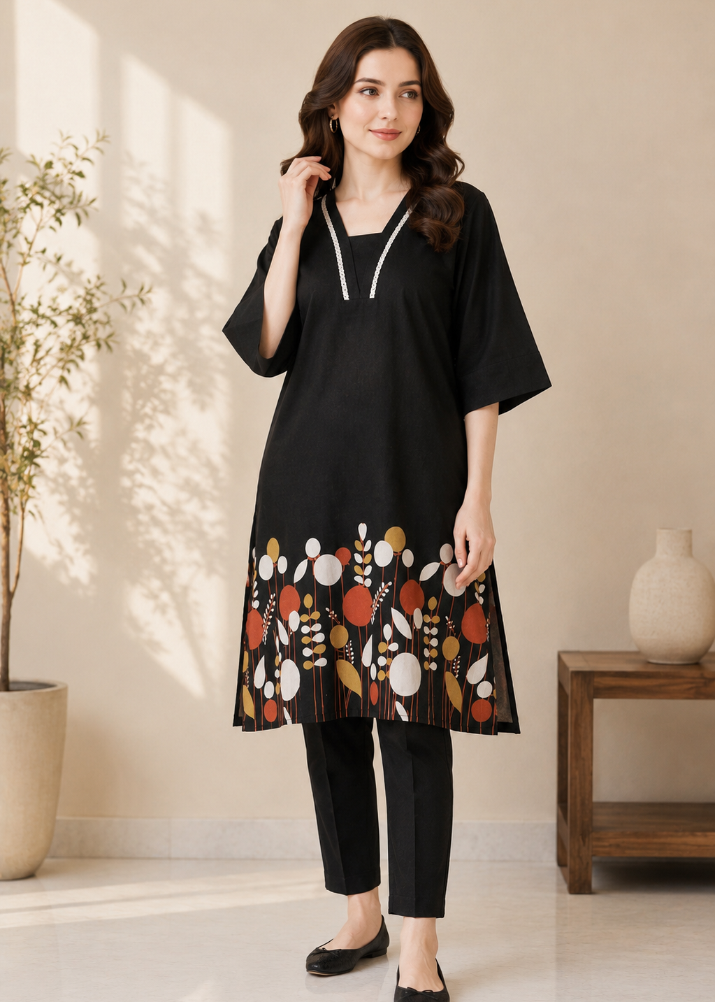 Noir Bloom Black Abstract Printed Kurta Pant Set