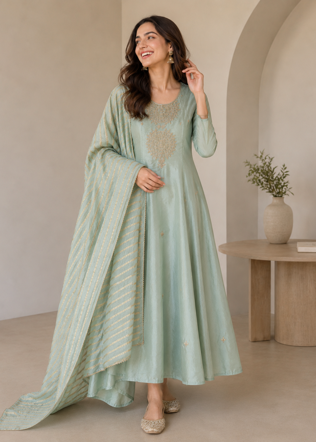 Pastel Mint Green Embroidered Silk Suit Set with Dupatta