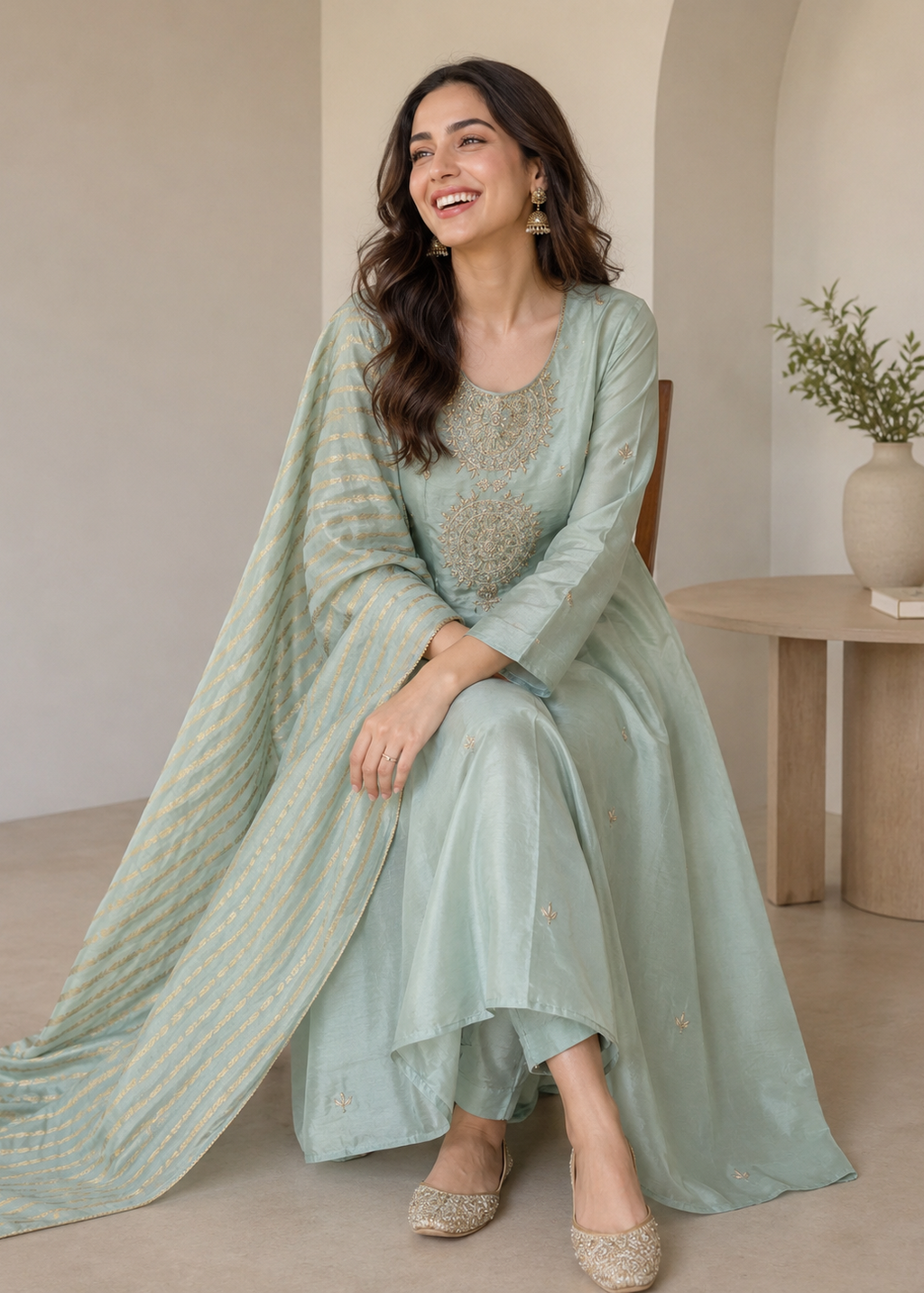 Pastel Mint Green Embroidered Silk Suit Set with Dupatta