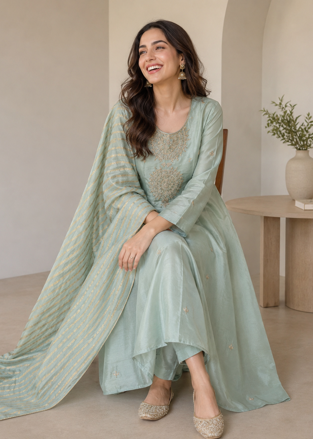 Pastel Mint Green Embroidered Silk Suit Set with Dupatta
