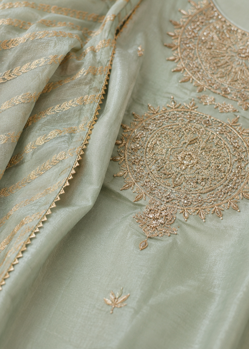 Pastel Mint Green Embroidered Silk Suit Set with Dupatta