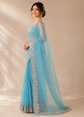 Pink Peach Floral Tissue Organza Saree with Heavy Embroidered Scalloped Border