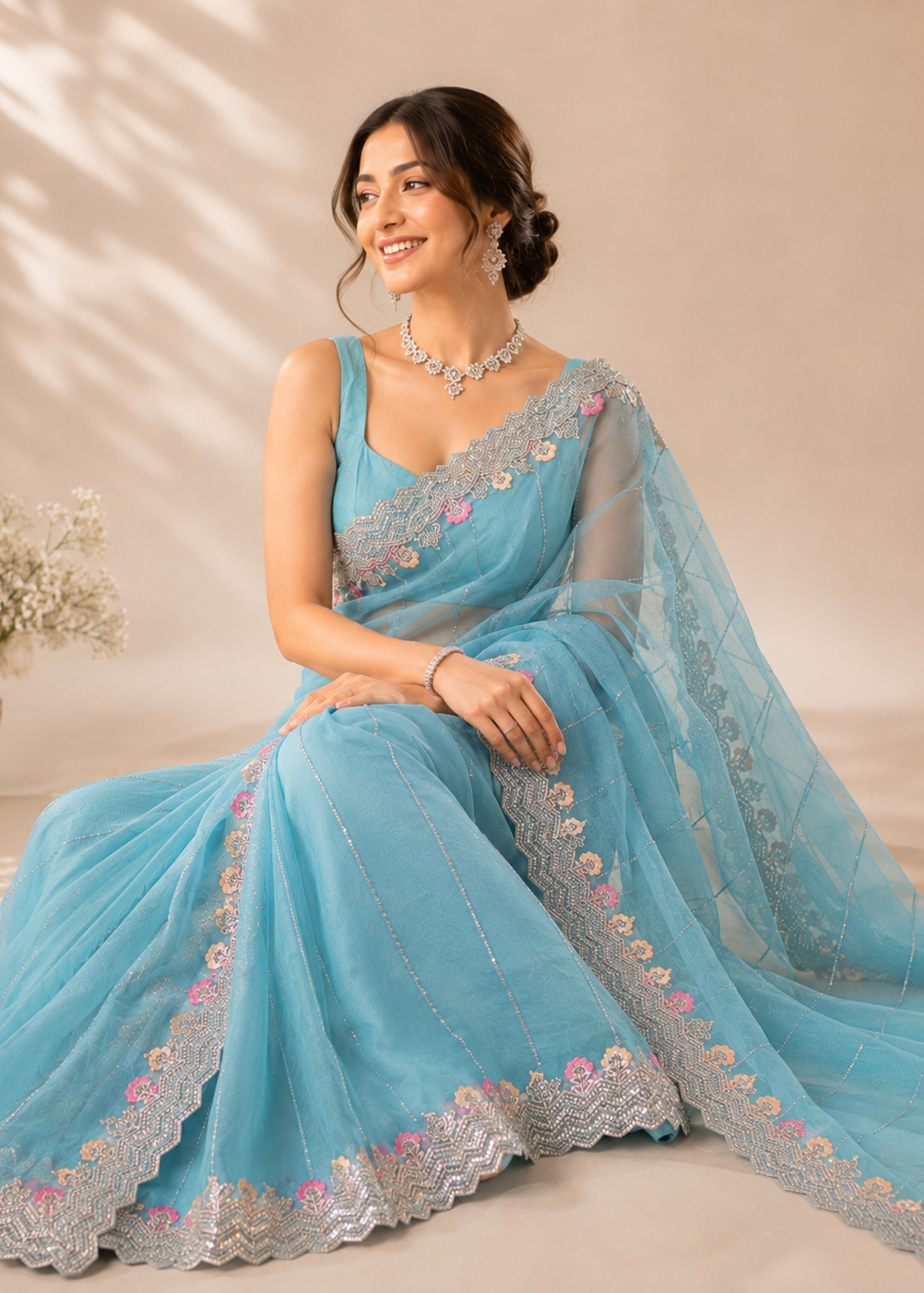 Pink Peach Floral Tissue Organza Saree with Heavy Embroidered Scalloped Border