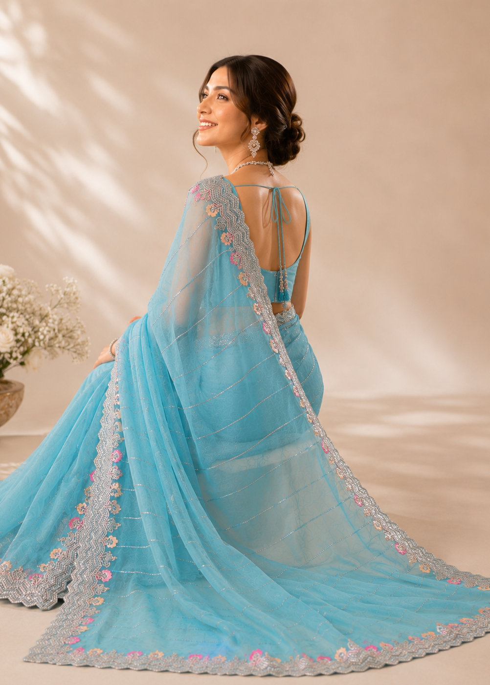 Pink Peach Floral Tissue Organza Saree with Heavy Embroidered Scalloped Border