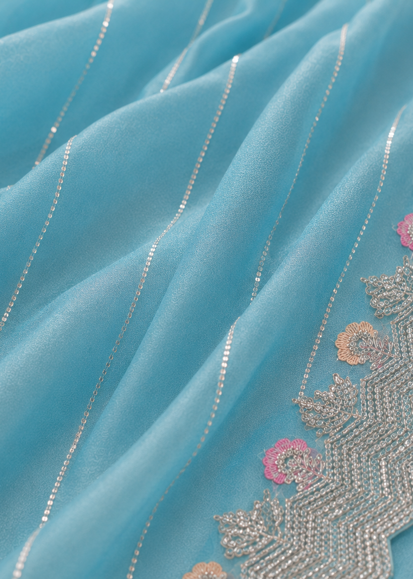 Pink Peach Floral Tissue Organza Saree with Heavy Embroidered Scalloped Border