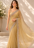 Golden Champagne Tissue Organza Saree With Heavy Embroidered Scalloped Border & Floral Sequin Detailing