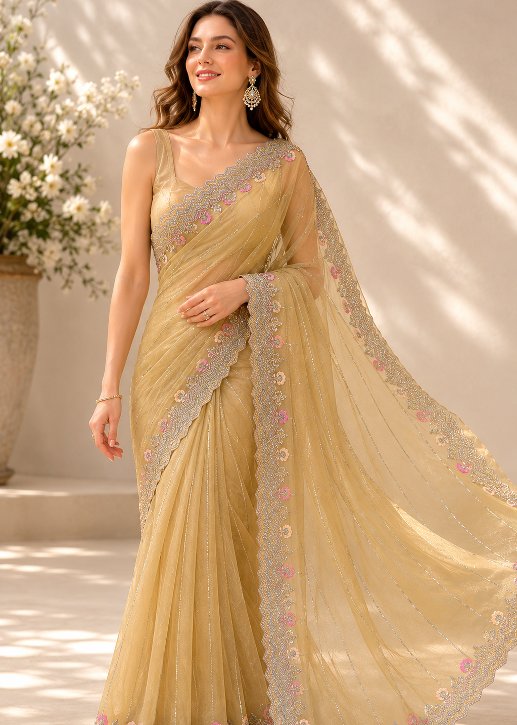 Golden Champagne Tissue Organza Saree With Heavy Embroidered Scalloped Border & Floral Sequin Detailing