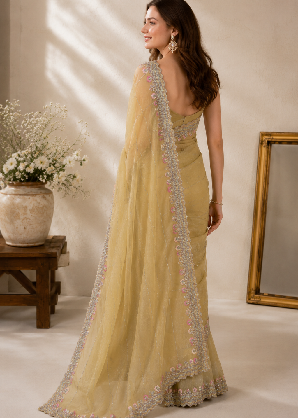 Golden Champagne Tissue Organza Saree With Heavy Embroidered Scalloped Border & Floral Sequin Detailing