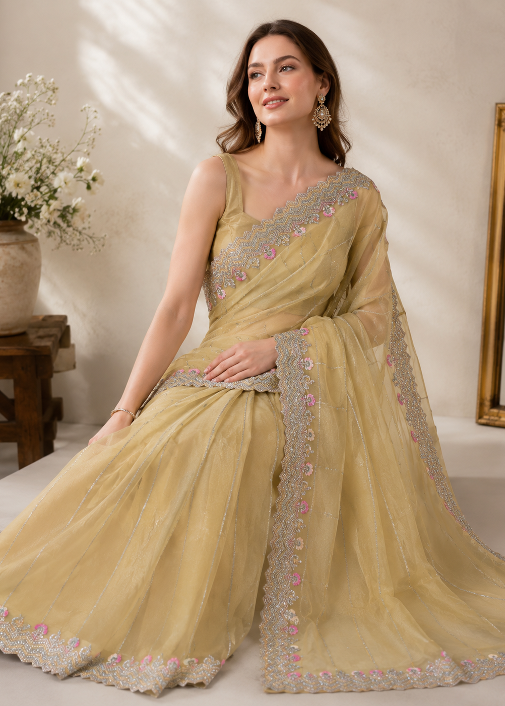Golden Champagne Tissue Organza Saree With Heavy Embroidered Scalloped Border & Floral Sequin Detailing