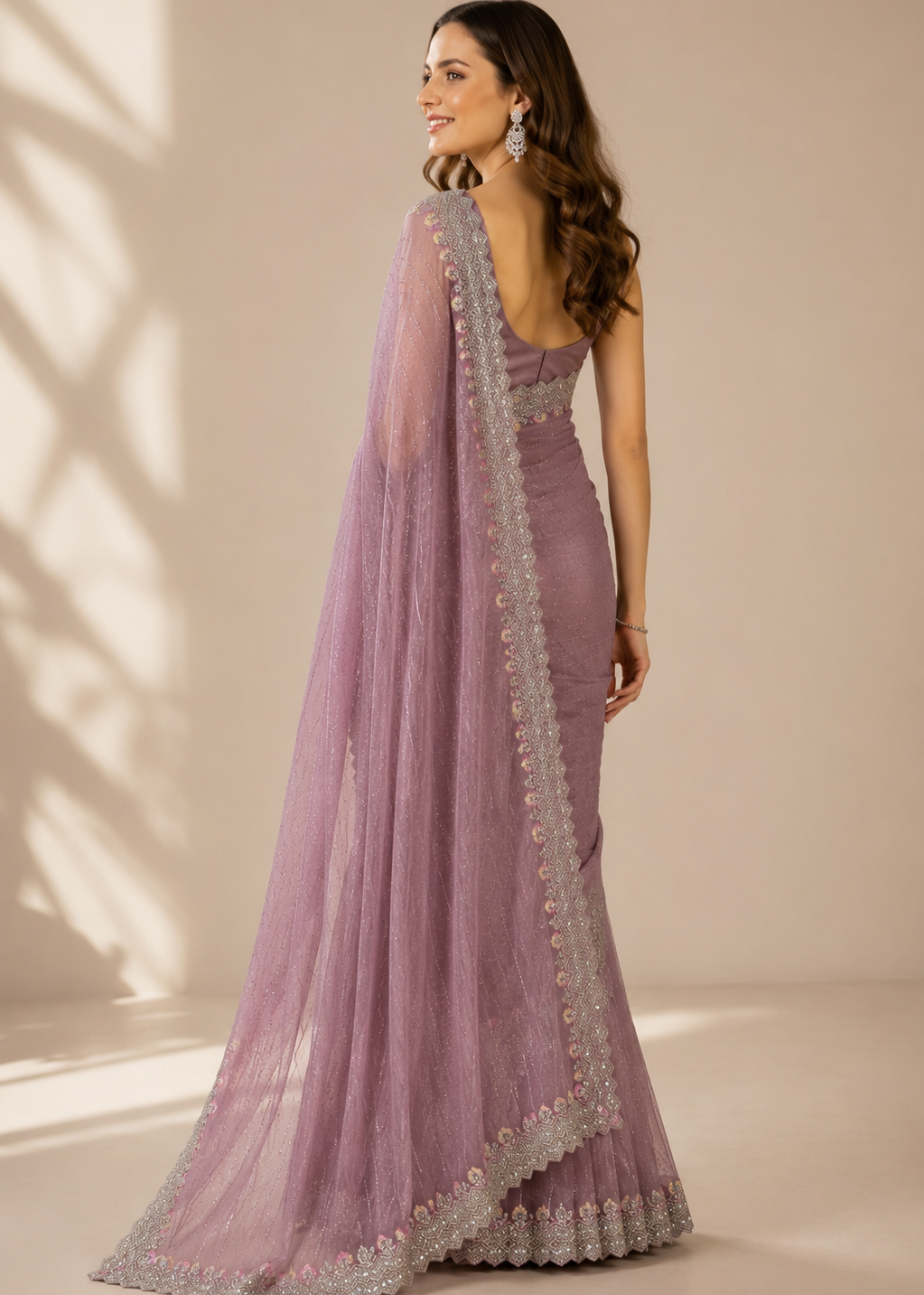 Mauve Heavy Embroidered Tissue Organza Saree with Sequin Border & Floral Appliqué