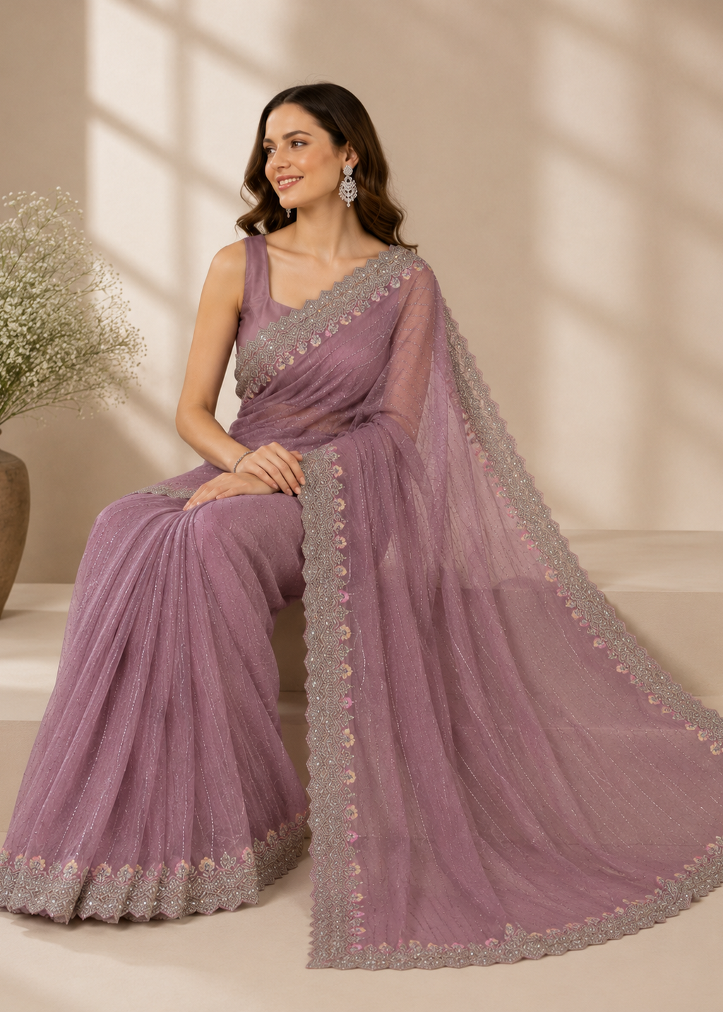 Mauve Heavy Embroidered Tissue Organza Saree with Sequin Border & Floral Appliqué