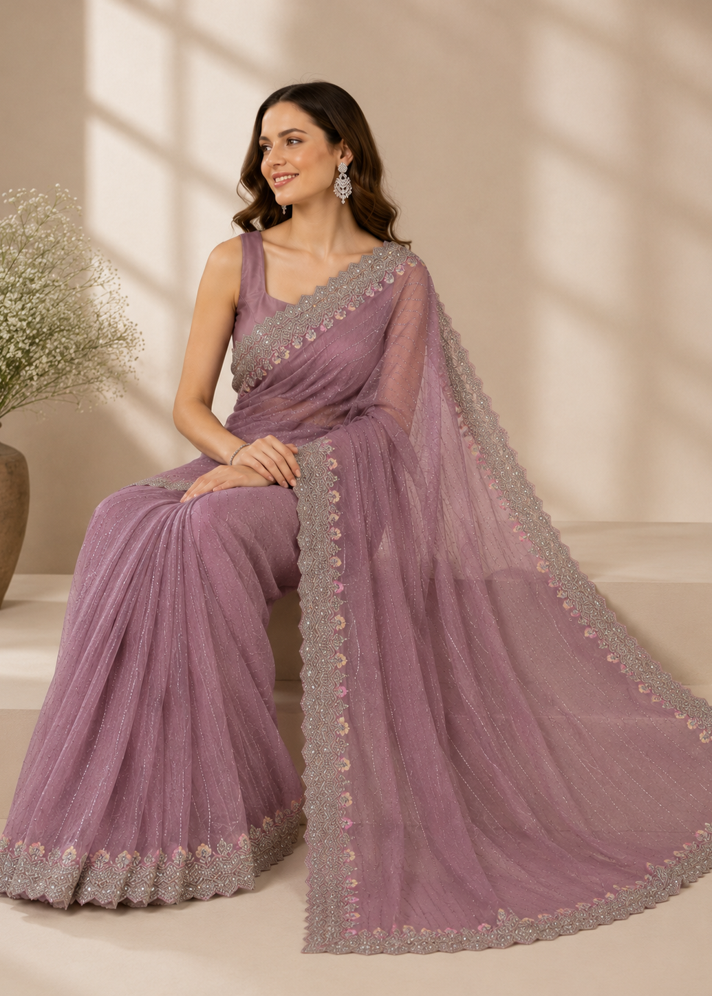 Mauve Heavy Embroidered Tissue Organza Saree with Sequin Border & Floral Appliqué