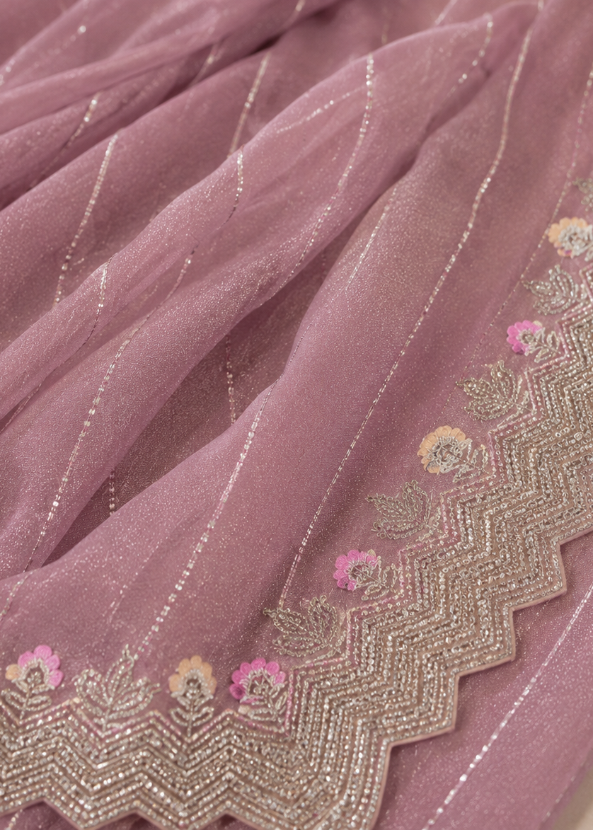 Mauve Heavy Embroidered Tissue Organza Saree with Sequin Border & Floral Appliqué