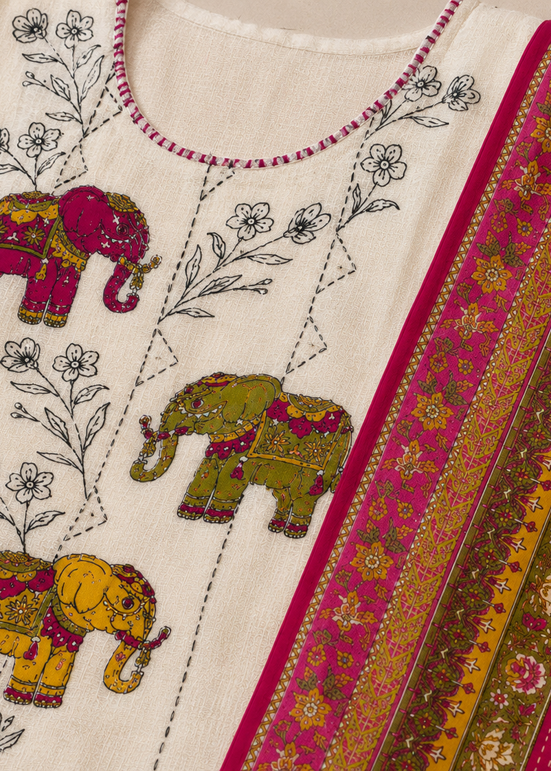 Ivory Elephant Embroidered Kurta Set with Rani Pink Festive Dupatta