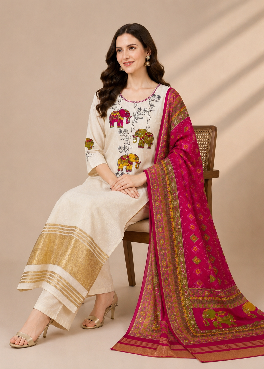 Ivory Elephant Embroidered Kurta Set with Rani Pink Festive Dupatta