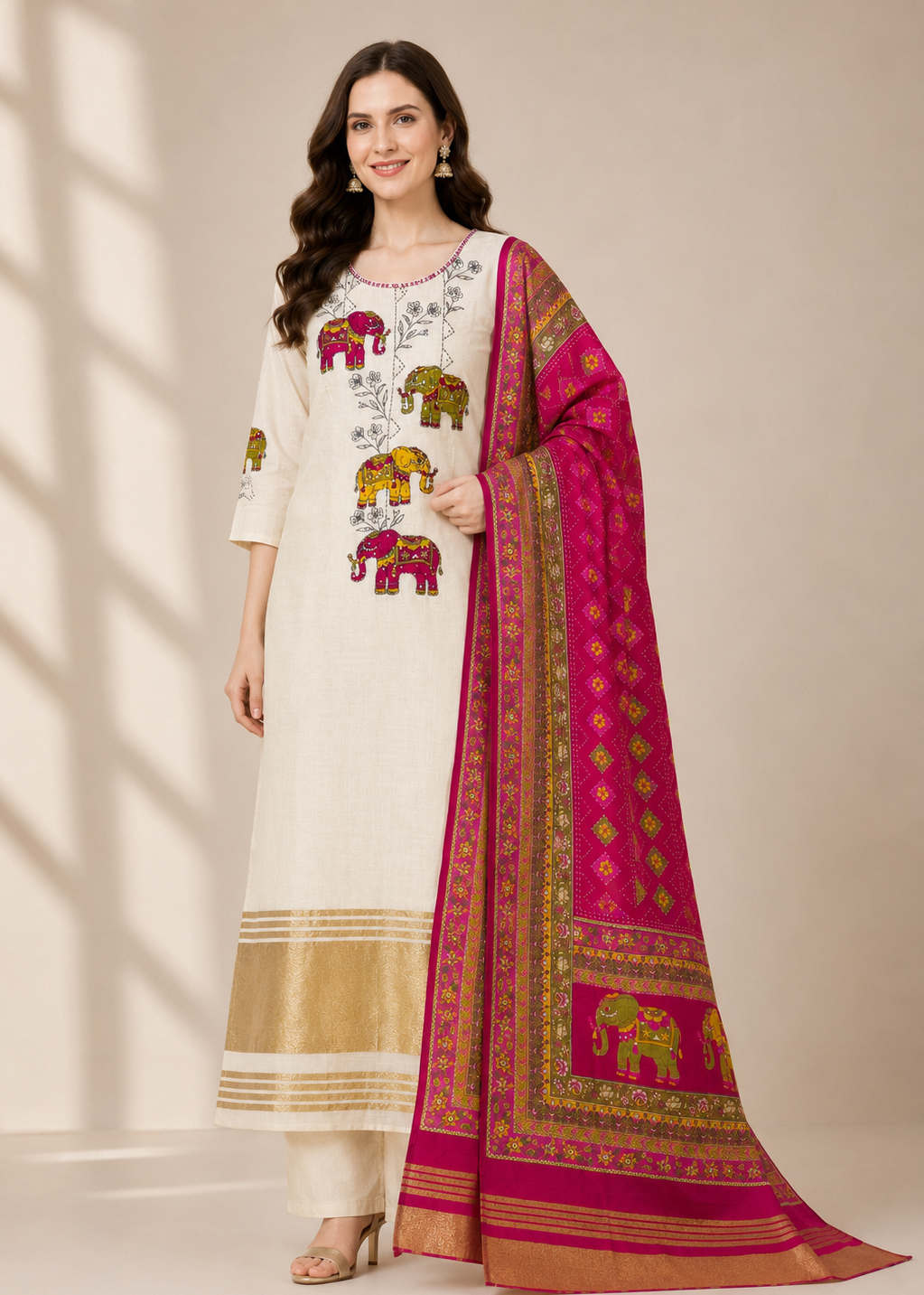 Ivory Elephant Embroidered Kurta Set with Rani Pink Festive Dupatta