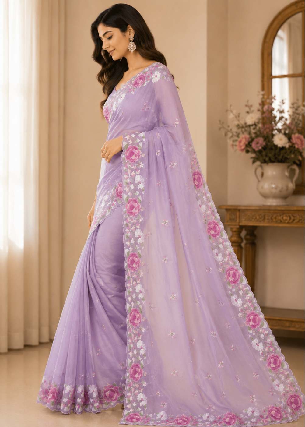 A woman models a lavender purple saree with pink and white floral embroidery along the border and pallu, set against a warm beige indoor background with curtains and a console table.