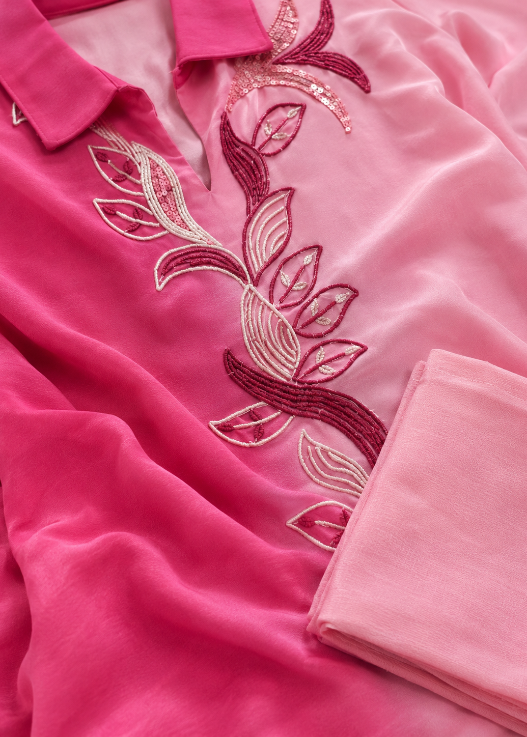 Pink Ombre Embroidered Kurta Set with Sheer Dupatta
