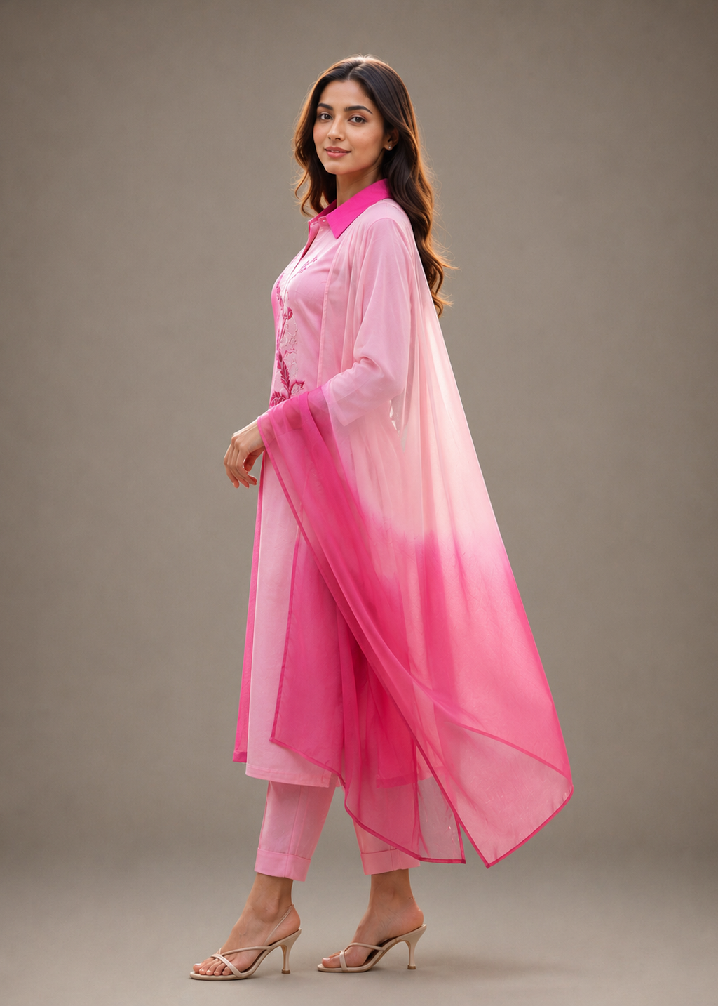 Pink Ombre Embroidered Kurta Set with Sheer Dupatta