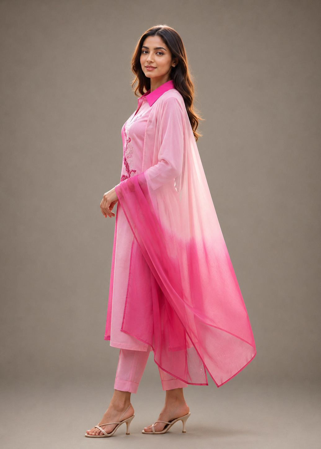 Pink Ombre Embroidered Kurta Set with Sheer Dupatta