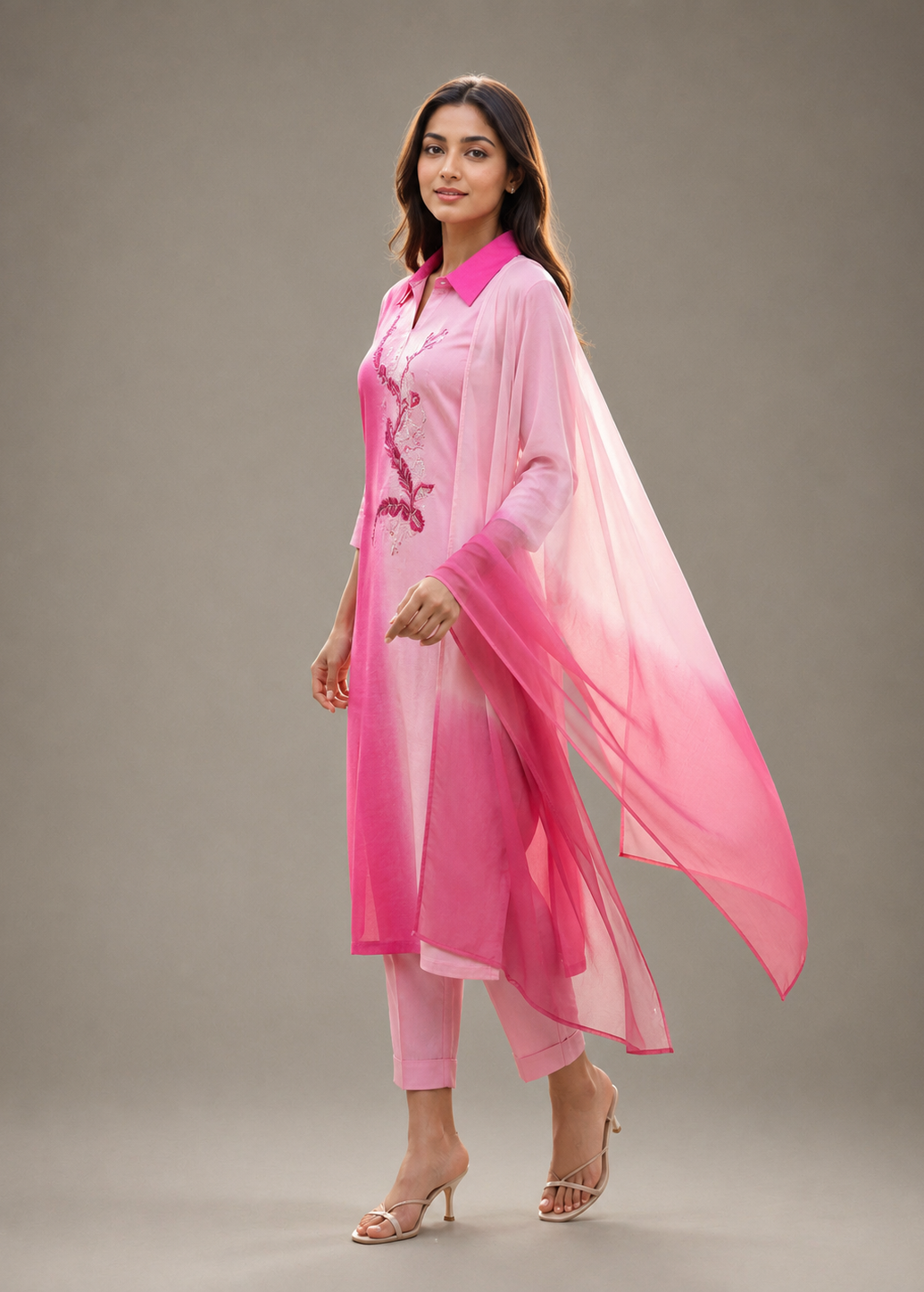 Pink Ombre Embroidered Kurta Set with Sheer Dupatta