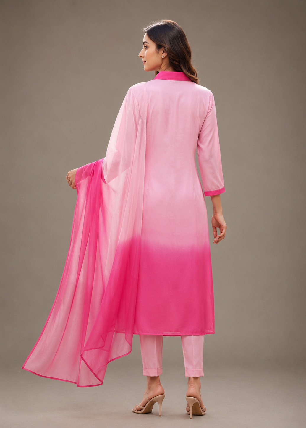 Pink Ombre Embroidered Kurta Set with Sheer Dupatta