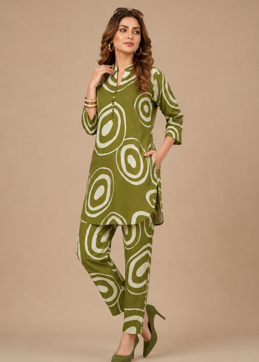 Olive Green Abstract Printed Rayon Co-ord Set
