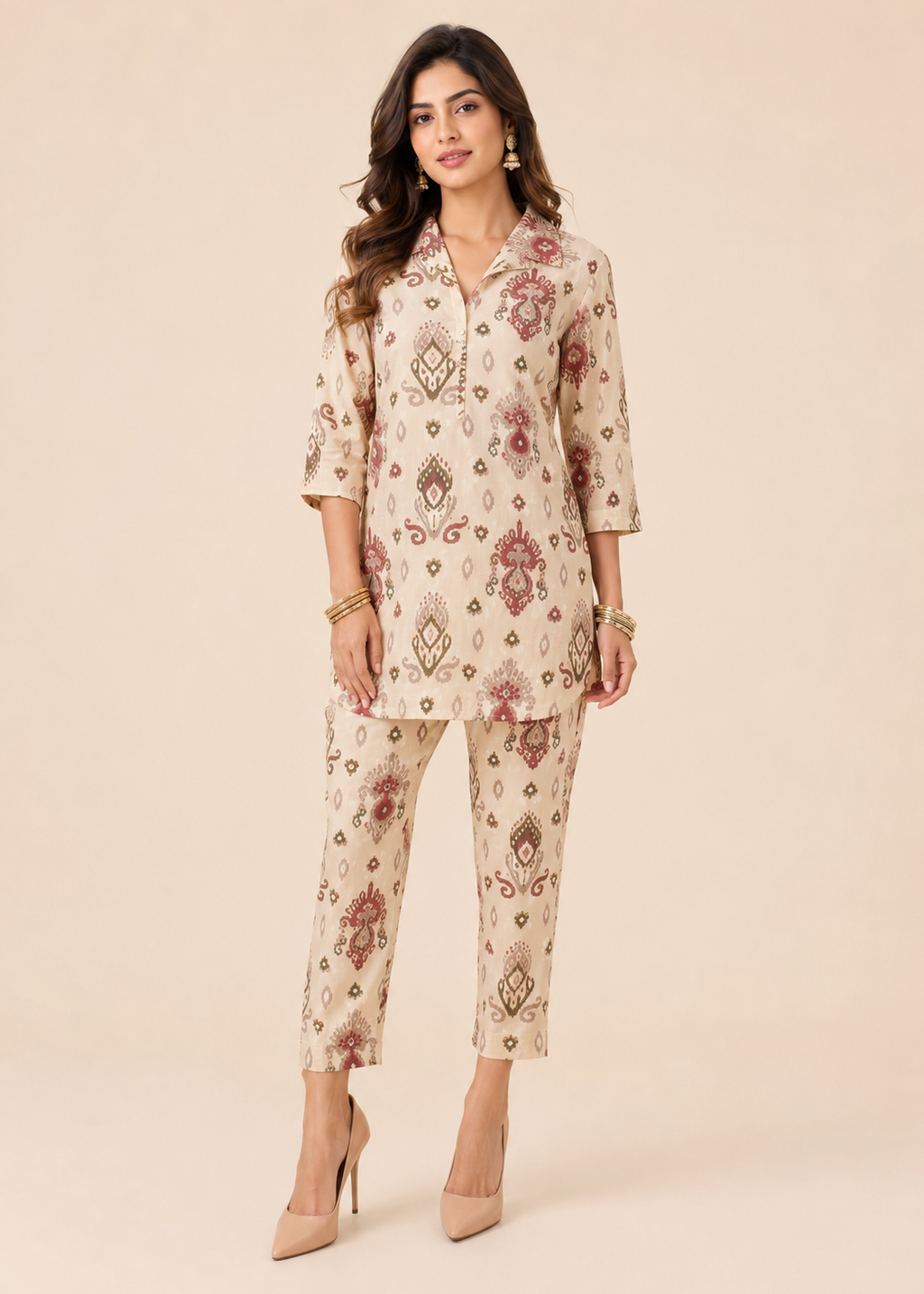 Beige Ethnic Fusion Printed Co-Ord Set