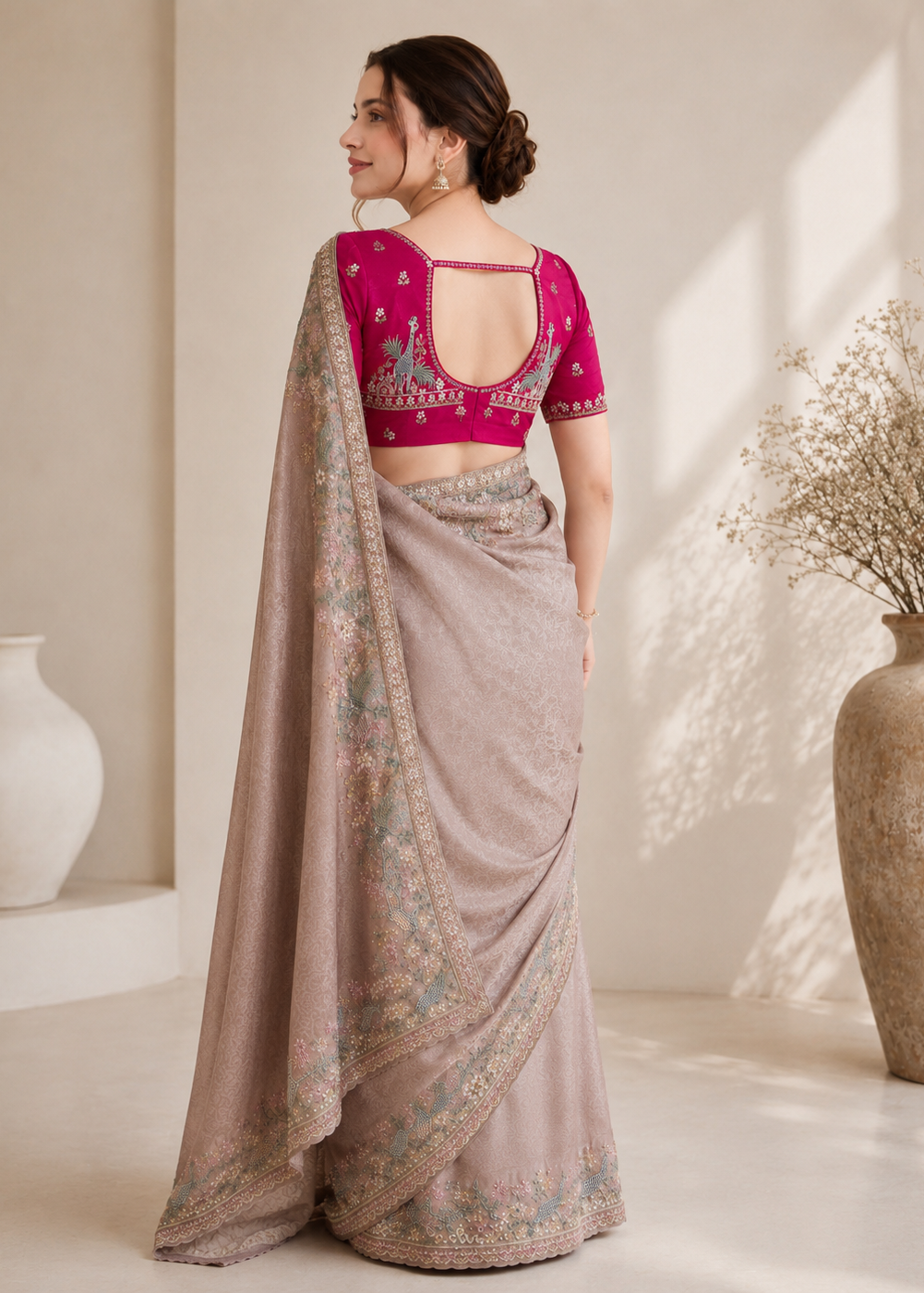Blush Beige Tissue Silk Saree with Blue Giraffe Border & 3D Floral Embroidery