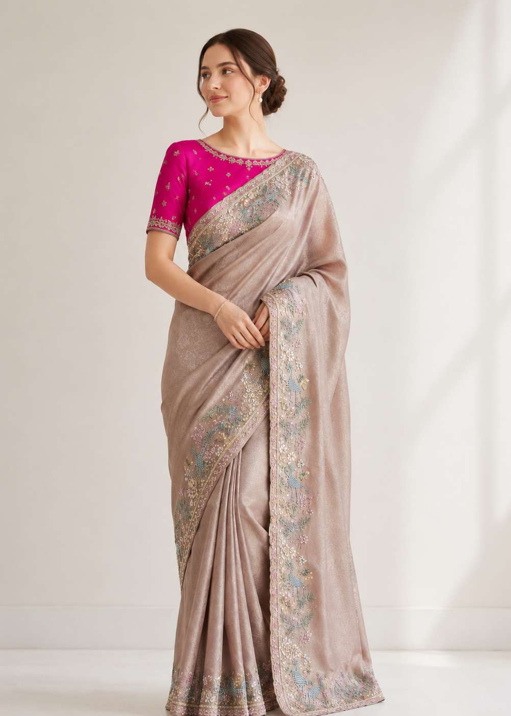 Blush Beige Tissue Silk Saree with Blue Giraffe Border & 3D Floral Embroidery