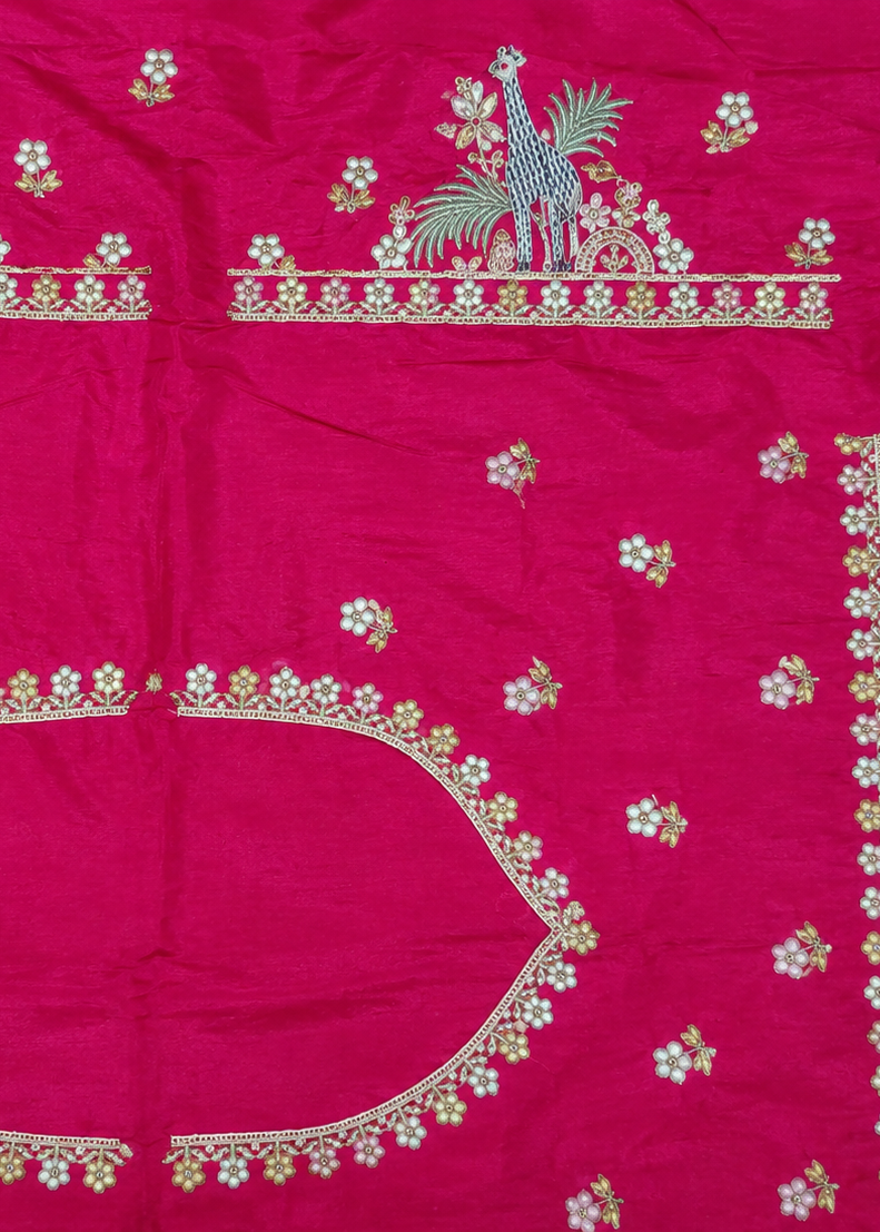 Blush Beige Tissue Silk Saree with Blue Giraffe Border & 3D Floral Embroidery