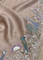 Blush Beige Tissue Silk Saree with Blue Giraffe Border & 3D Floral Embroidery