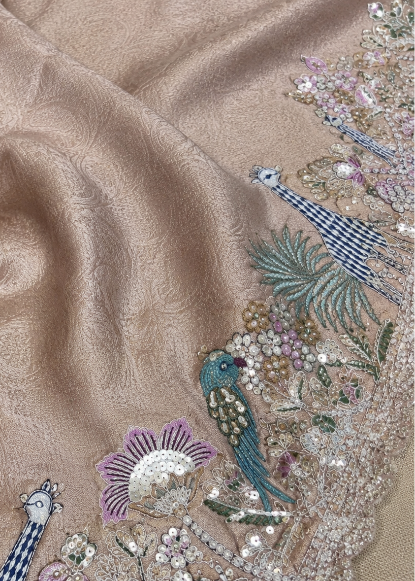 Blush Beige Tissue Silk Saree with Blue Giraffe Border & 3D Floral Embroidery