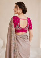 Blush Beige Tissue Silk Saree with Blue Giraffe Border & 3D Floral Embroidery